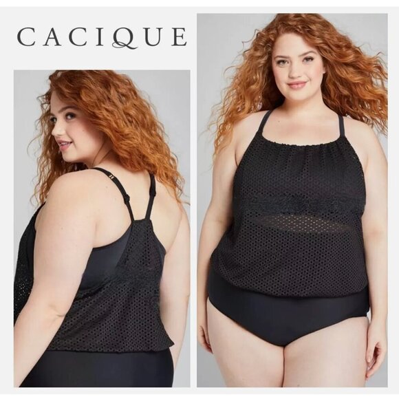 Swim by Cacique Lane Bryant 24 Tankini Swimsuit Top Black Mesh Racerback - Picture 1 of 9